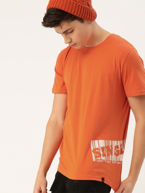 

SINGLE Men Orange Solid Slim Fit Round Neck T-shirt With Printed Detail