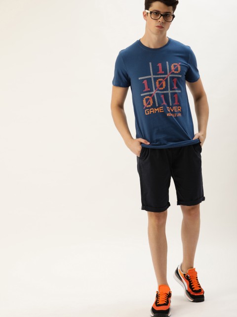 

SINGLE Men Blue Slim Fit Printed Round Neck T-shirt