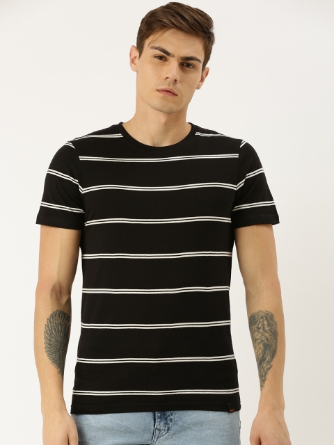 

SINGLE Men Black White Striped Round Neck Pure Cotton T-shirt