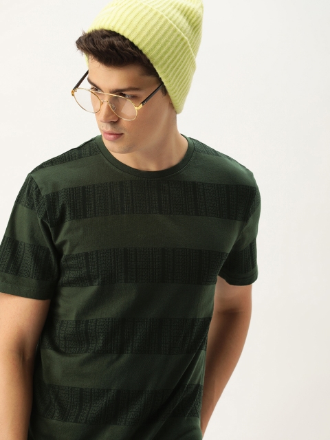 

SINGLE Men Olive Green & Black Printed Boxy Fit Round Neck T-shirt