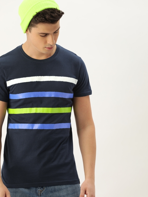 

SINGLE Men Navy Blue White Slim Fit Striped Round Neck Pure Cotton T-shirt