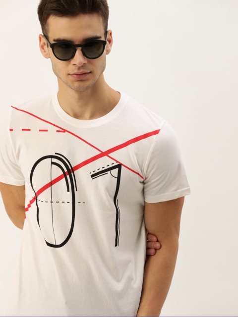 

SINGLE Men White Printed Round Neck T-shirt