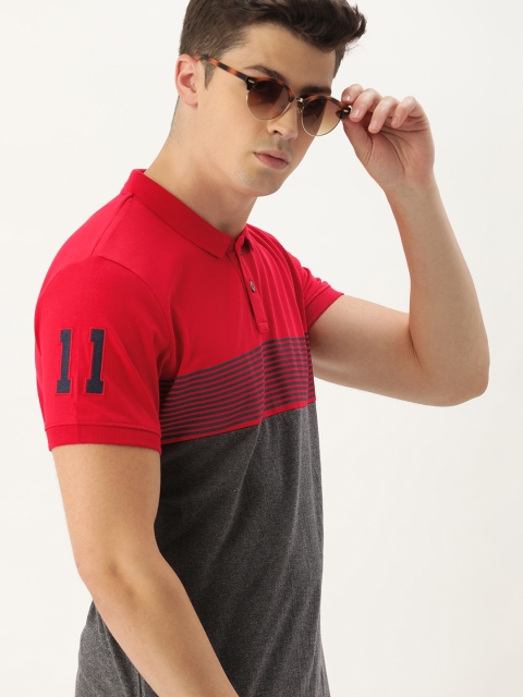 

SINGLE Men Charcoal Grey & Red Slim Fit Colourblocked Polo Collar T-shirt