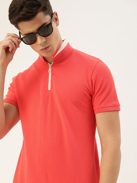 

SINGLE Men Coral Pink Solid Slim Fit High Neck T-shirt