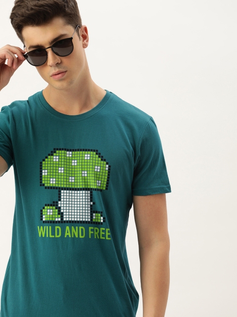 

SINGLE Men Teal Blue Printed Slim Fit Round Neck T-shirt