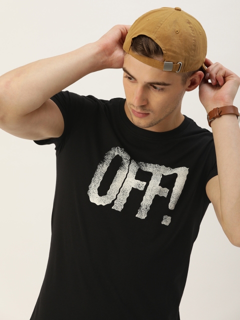 

SINGLE Men Black Printed Slim Fit Round Neck Pure Cotton T-shirt
