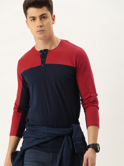 

SINGLE Men Navy Blue Red Colourblocked Henley Neck Pure Cotton T-shirt