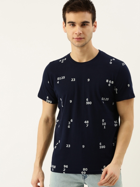 

SINGLE Men Navy Blue & White Printed Slim Fit Round Neck T-shirt