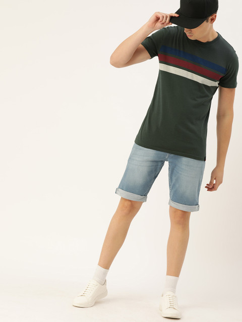 

SINGLE Men Olive Green & Maroon Striped Slim Fit Round Neck T-shirt