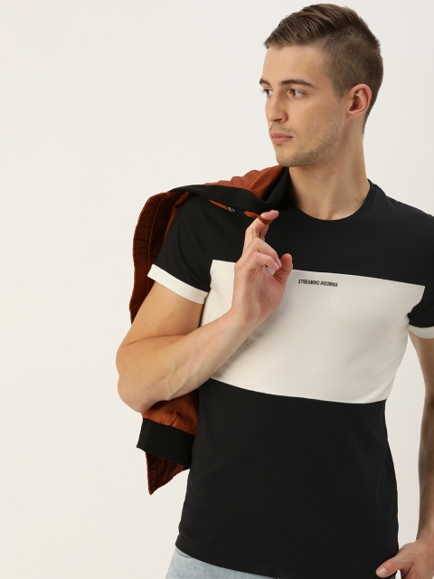 

SINGLE Men Black & White Colourblocked Slim Fit Round Neck T-shirt