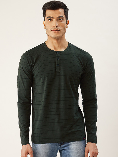 

SINGLE Men Green & Black Striped Henley Neck T-shirt