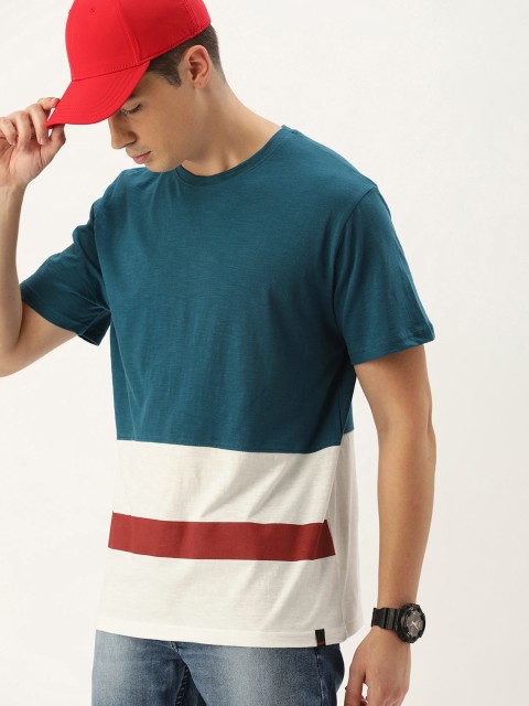 

SINGLE Men Teal Blue & Off-White Colourblocked Boxy Fit Round Neck T-shirt