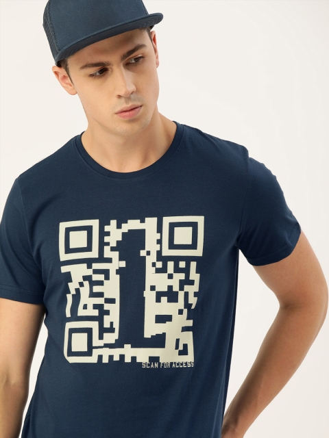 

SINGLE Men Navy Blue Printed Slim Fit Round Neck T-shirt