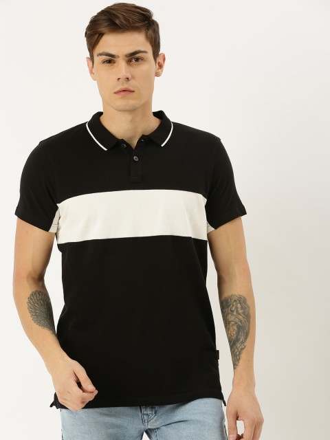 

SINGLE Men Black & White Colourblocked Polo Collar T-shirt