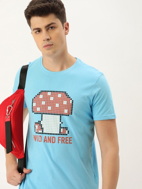 

SINGLE Men Blue Printed Slim Fit Round Neck T-shirt