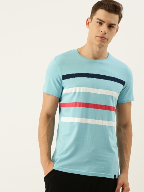 

SINGLE Men Turquoise Blue & White Striped Slim Fit Round Neck T-shirt