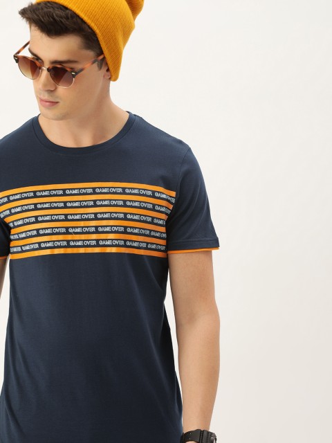 

SINGLE Men Navy Blue & Mustard Yellow Striped Slim Fit Round Neck T-shirt