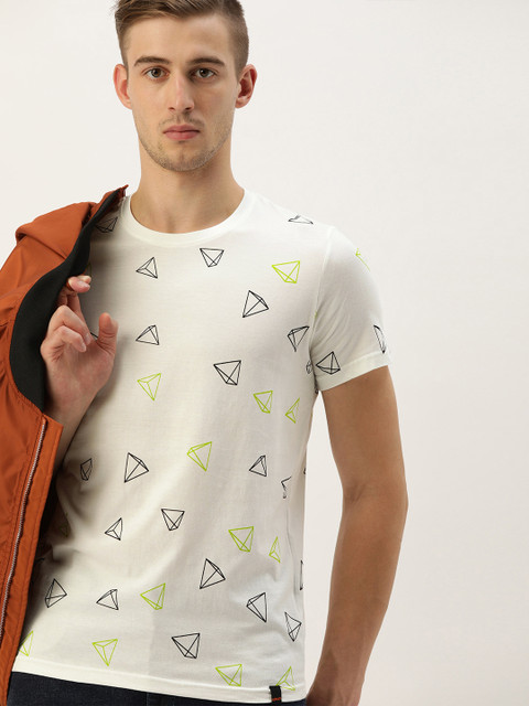 

SINGLE Men White Printed Slim Fit Round Neck T-shirt