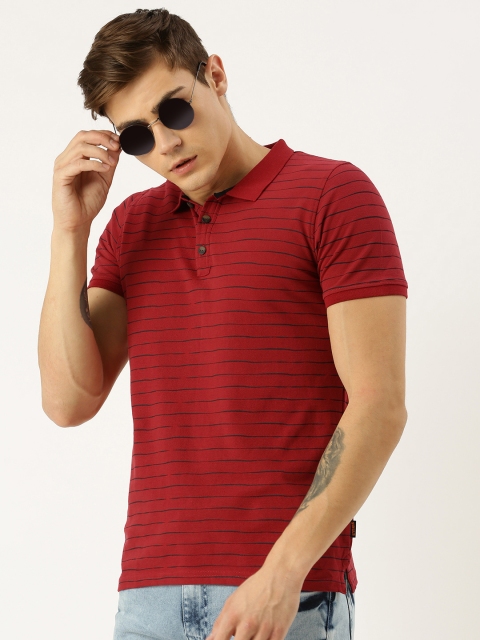 

SINGLE Men Red & Black Striped Polo Collar T-shirt