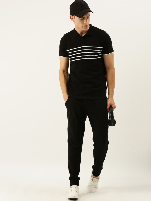 

SINGLE Men Black & White Striped Polo Collar T-shirt