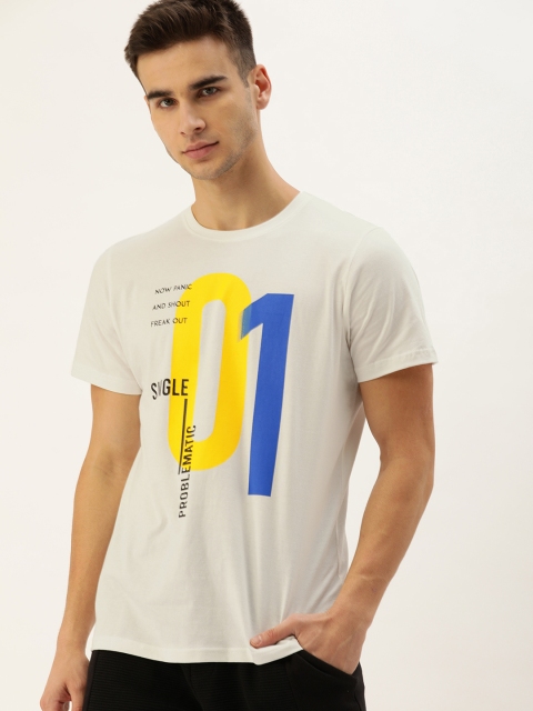 

SINGLE Men White Printed Round Neck T-shirt