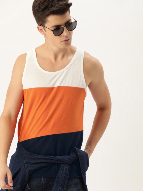 

SINGLE Men Orange White Colourblocked Slim Fit Round Neck Pure Cotton T-shirt
