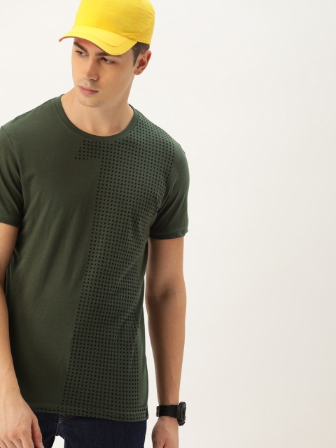 

SINGLE Men Olive Green & Black Printed Slim Fit Round Neck T-shirt