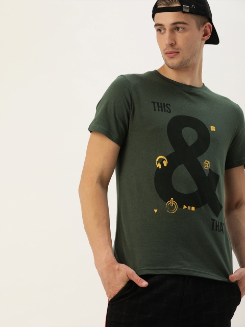 

SINGLE Men Olive Green Printed Slim Fit T-shirt