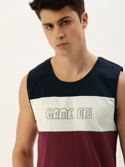 Men Maroon Navy Blue Colourblocked Boxy Fit Round Neck Pure Cotton T-shirt