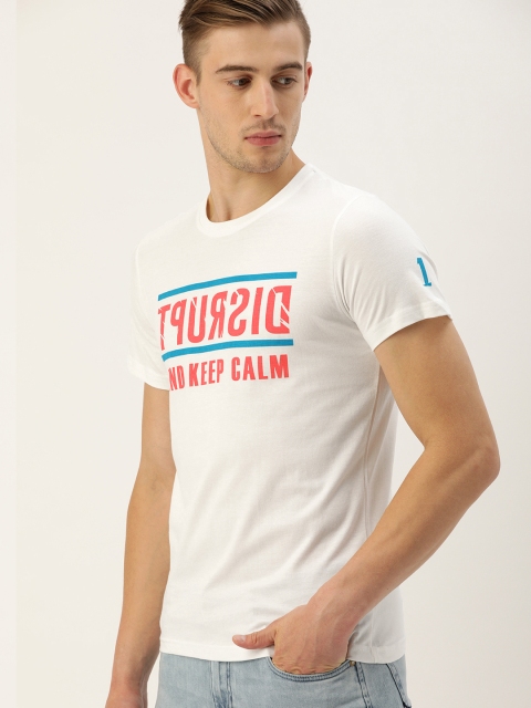 

SINGLE Men White Printed Slim Fit Round Neck T-shirt