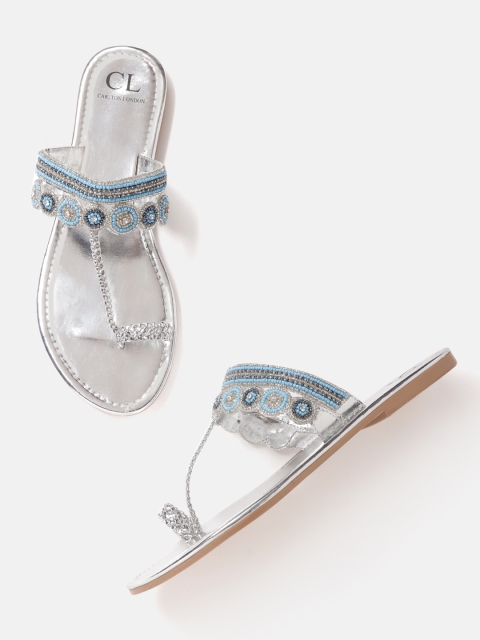 

Carlton London Women Silver-Toned & Blue Beaded One Toe Flats