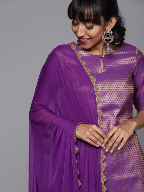

Inddus Women Lavender Silk Blend Woven Design Kurta with Trousers & Dupatta
