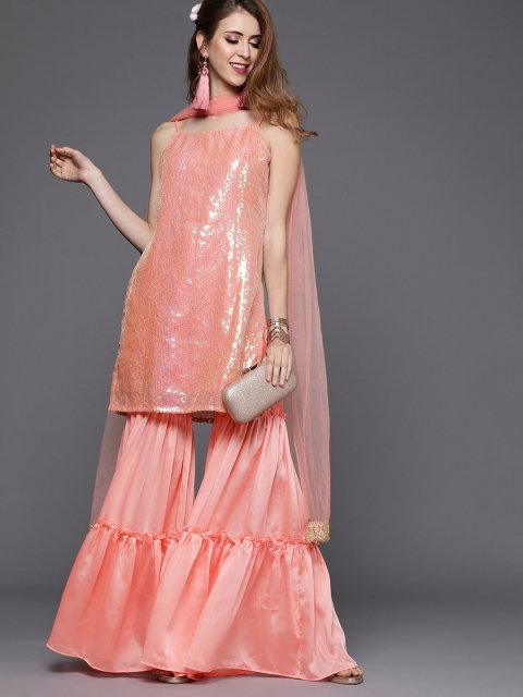 

Inddus Women Peach-Coloured Sequinned Kurta with Sharara & Dupatta