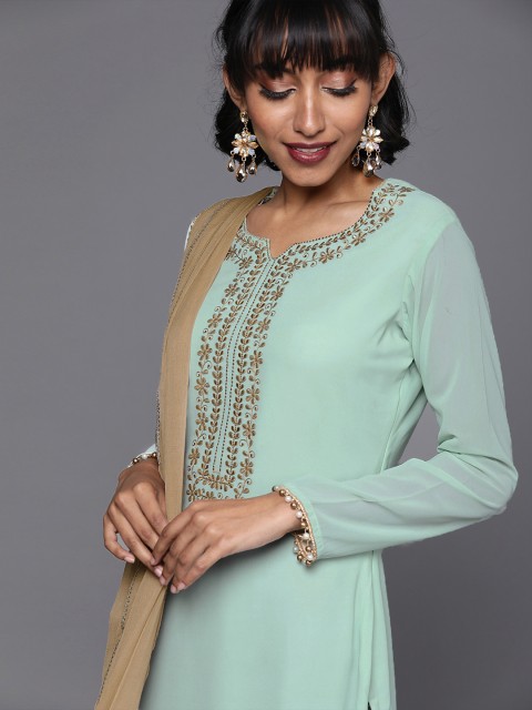 

Inddus Women Blue & Beige Embroidered Kurta with Palazzos & Dupatta