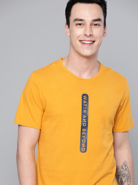 

Mast & Harbour Men Mustard Yellow & Navy Blue Printed Round Neck T-shirt