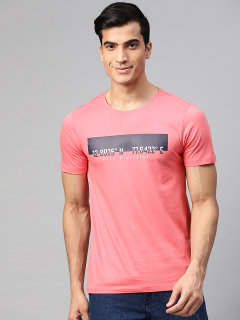 

Mast & Harbour Men Coral Pink Printed Round Neck T-shirt