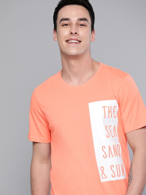 

Mast & Harbour Men Peach-Coloured & White Printed Round Neck T-shirt