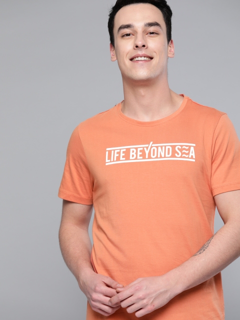 

Mast & Harbour Men Peach-Coloured & White Printed Round Neck T-shirt