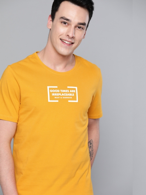 

Mast & Harbour Men Mustard Yellow & White Printed Round Neck T-shirt