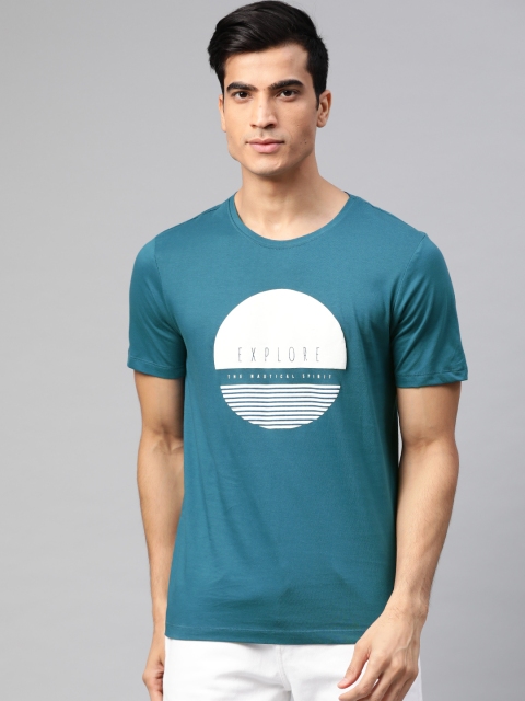 

Mast & Harbour Men Teal Blue Printed Round Neck T-shirt