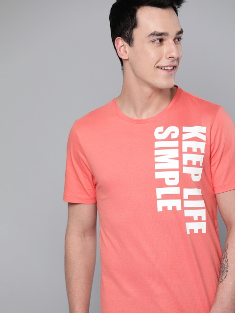 

Mast & Harbour Men Coral Pink & White Printed Round Neck T-shirt