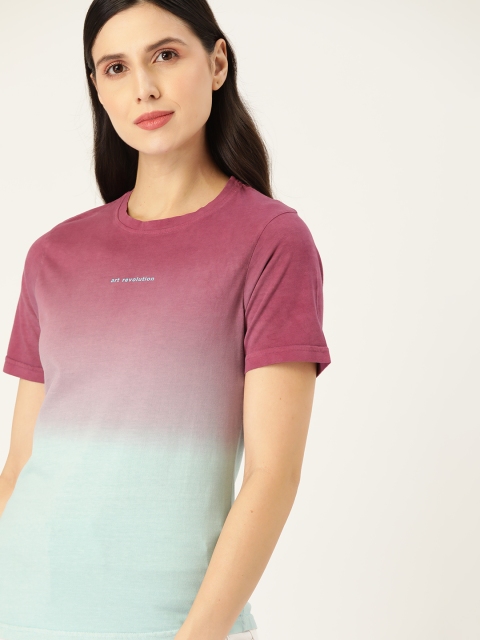 

ether Women Magenta & Blue Pure Cotton Ombre Dyed T-shirt