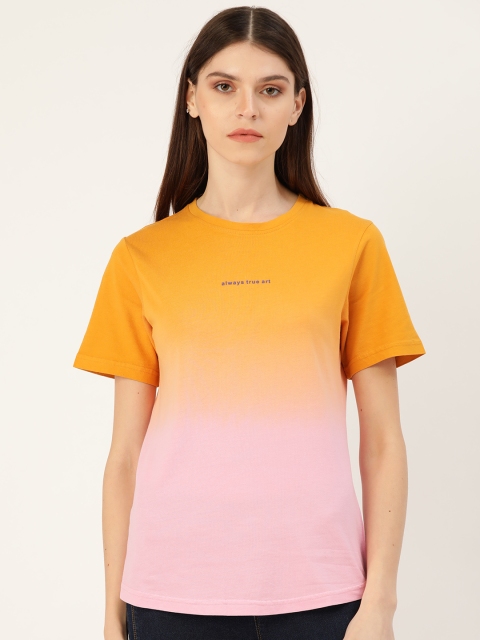 

ether Women Mustard Yellow & Pink Ombre Effect Round Neck T-shirt