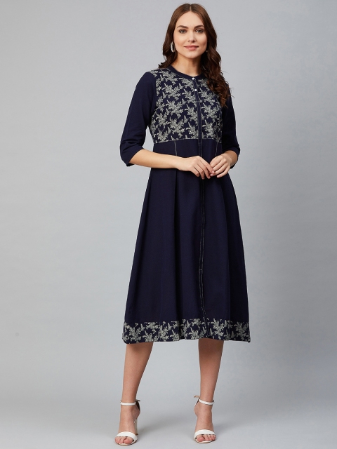 

AURELIA Women Navy Blue & Beige Printed Detail A-Line Dress