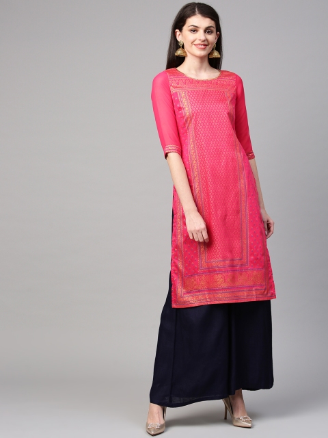Women Pink & Golden Printed Straight Kurta