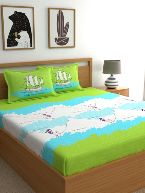 

My Room Green & Blue Conversational 210 TC Cotton 1 Queen Bedsheet with 2 Pillow Covers