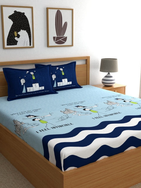 

My Room Blue & White Conversational 210 TC Cotton 1 Queen Bedsheet with 2 Pillow Covers