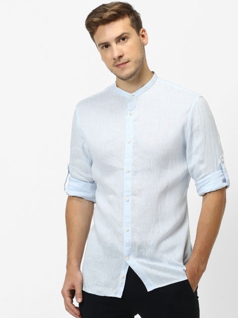 Men Blue Regular Fit Solid Pure Linen Casual Sustainable Shirt