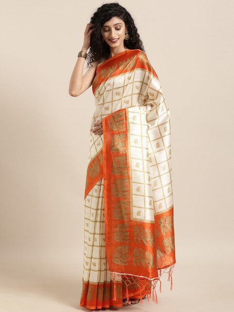 

KALINI Off-White & Orange Art Silk Checked Mysore Silk Saree