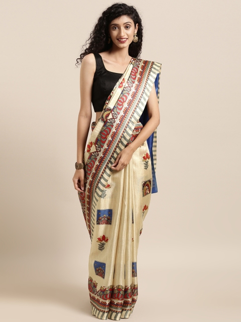

GoSriKi Beige & Blue Art Silk Printed Mysore Silk Saree